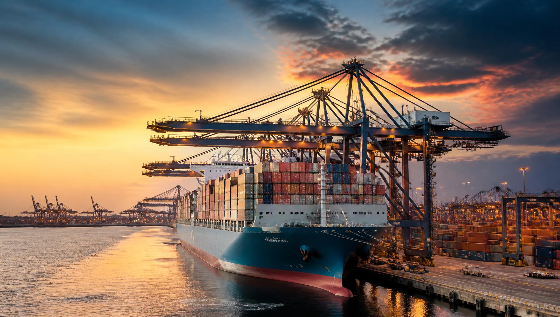 Container ship being loaded by gantry cranes at an international port at dusk
